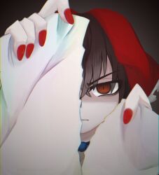 1girl bags_under_eyes black_hair bow brown_eyes closed_mouth commentary_request cookie_(touhou) fingernails frilled_bow frills frown grey_background hair_bow hakurei_reimu holding holding_paper looking_at_viewer nanariku paper red_bow red_nails shaded_face short_hair solo tearing_paper touhou upper_body v-shaped_eyebrows yuyusu_(cookie)