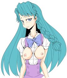 1girl aqua_hair blue_eyes braid breasts go!_princess_precure green_hair highres kaidou_minami nipples precure satoto_r skirt solo suspender_skirt suspenders
