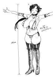Rule 34 | 1girl, absurdres, animal ears, animal print, armpits, bell, bikini, blush, breasts, choker, closed eyes, commentary request, covered erect nipples, cow girl, cow horns, cow print, cow print bikini, fake animal ears, greyscale, highres, horns, huge breasts, micro panties, monochrome, navel, neck bell, open mouth, original, panties, petosu (sunoco), print bikini, smile, solo, standing, swimsuit, translated, underwear, white background