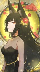 1girl :o absurdres animal_ear_fluff animal_ears black_choker black_dress black_hair blunt_bangs breasts chain choker cleavage commentary_request dress facing_to_the_side flower fox_ears fox_girl from_side gold_buckle gold_chain hair_flower hair_ornament highres hoshimi_miyabi jewelry kurone_sc light_particles long_hair looking_at_viewer medium_breasts pendant pendant_choker red_eyes red_flower see-through_cleavage see-through_clothes see-through_dress see-through_sleeves sidelocks strapless strapless_dress upper_body zenless_zone_zero