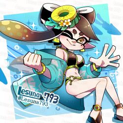 bikini black_hair bracelet breasts buckle callie_(splatoon) cleavage hair_ornament inkling jacket jacket_on_shoulders jewelry lesuna long_hair medium_breasts mole mole_under_eye nintendo one_eye_closed pineapple pineapple_slice pointy_ears sandals short_eyebrows smile splatoon_(series) splatoon_1 squid squid_girl star-shaped_pupils star_(symbol) summer swimsuit symbol-shaped_pupils tentacle_hair twintails very_long_hair waving wink yellow_eyes