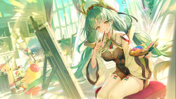 1girl absurdres azur_lane baby_animal beret bird black_leotard breasts canvas_(object) chick cross-shaped_pupils green_hair hair_intakes hat highres holding holding_paint_palette holding_paintbrush horned_hat indoors leotard long_hair looking_at_viewer low_twintails manjuu_(azur_lane) medium_breasts official_art paint_palette paintbrush painting_(action) parted_bangs parted_lips raffaello_(azur_lane) shrug_(clothing) sitting smile symbol-shaped_pupils thighhighs twintails very_long_hair white_hat white_shrug white_thighhighs wide_sleeves window x_x yellow_eyes