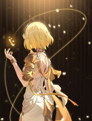 1girl absurdres aglaea_(honkai:_star_rail) armor backless_dress backless_outfit binghaiankang blonde_hair bracelet cowboy_shot dress floating from_behind highres honkai:_star_rail honkai_(series) jewelry laurel_crown medium_hair nail_polish shoulder_armor sleeveless sleeveless_dress solo white_dress yellow_nails