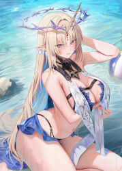 Rule 34 | 1girl, adapted costume, arm under breasts, bare shoulders, bikini, black bikini, black collar, blue eyes, blush, breasts, collar, commentary, crown of thorns, earrings, fleurdelys (wuthering waves), floating earrings, hand up, highres, horns, jewelry, large breasts, looking at viewer, navel, necklace, outdoors, paid reward available, parted bangs, parted lips, pointy ears, ru zhai, sidelocks, single horn, sitting, solo, stomach, swimsuit, tacet mark (wuthering waves), thighs, wet, wuthering waves, yellow horns, yokozuwari