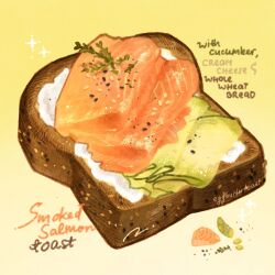 Rule 34 | artist name, bread, bread slice, commentary, cucumber, cucumber slice, english commentary, english text, food, food focus, gradient background, herb, highres, nao (bestrollever), no humans, original, salmon, sesame seeds, sparkle, toast, yellow background