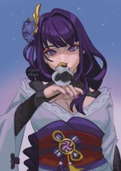 1girl bird bird_on_hand bloodstone_(iastaraiusrisovatchashie) breasts bridal_gauntlets cleavage commentary_request flower genshin_impact hair_flower hair_ornament highres japanese_clothes kimono medium_breasts mole mole_under_eye obi purple_eyes purple_flower purple_hair purple_kimono purple_nails raiden_shogun russian_commentary sash solo wide_sleeves