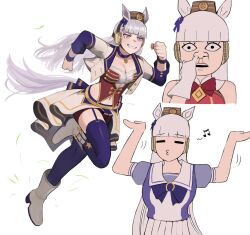 1girl animal_ears blunt_bangs bow brown_hat ear_bow ear_covers ear_ribbon gold_ship_(umamusume) hat highres horse_ears horse_girl horse_tail jourd4n long_hair nose_picking pillbox_hat school_uniform simple_background tail tracen_school_uniform umamusume white_background white_hair