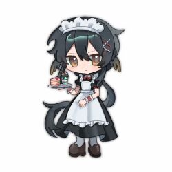 1boy alternate_costume animal_ears apron bird_ears black_dress black_hair bow bowtie brown_shoes cake cake_slice chibi chinese_commentary closed_mouth collared_dress commentary_request crossdressing dot_nose dress dress_shoes enmaided expressionless food frilled_apron frilled_wrist_cuffs frills full_body grey_outline grey_pantyhose hair_between_eyes hair_ornament hairclip halftone highres holding holding_tray light_blush light_frown long_hair looking_at_viewer low_ponytail maid maid_headdress male_focus mismatched_wrist_cuffs outline pantyhose parfait pink_wrist_cuffs pleated_dress ponytail puffy_short_sleeves puffy_sleeves qianwa_shi_biao real_life red_bow red_bowtie red_wrist_cuffs shoes short_sleeves simple_background solo standing tray very_long_hair weiyunsi white_apron white_background wrist_cuffs x_hair_ornament yellow_eyes