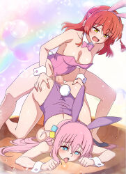 1futa 1girl animal_ears blue-senpai bocchi_the_rock! bow bowtie breasts censored cleavage clothing_aside detached_collar fake_animal_ears fake_tail futa_with_female futanari gotoh_hitori kita_ikuyo leotard leotard_aside long_hair lying medium_breasts open_mouth penis pink_hair pink_leotard playboy_bunny purple_leotard rabbit_ears rabbit_tail sex strapless strapless_leotard tail tongue tongue_out wrist_cuffs