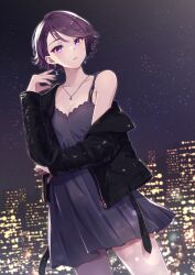 1girl absurdres alternate_costume armpit_crease black_jacket black_nails bra_strap breasts city_lights cityscape cleavage collarbone commentary_request cowboy_shot dress dutch_angle earrings eyelashes gundou_mirei hair_behind_ear hand_up highres inumoto jacket jewelry leather leather_jacket long_sleeves looking_at_viewer nail_polish necklace night night_sky nijisanji open_clothes open_jacket outline parted_lips purple_dress purple_eyes purple_hair short_dress short_hair silver_necklace single_bare_shoulder single_off_shoulder sky sleeveless sleeveless_dress small_breasts solo star_(sky) starry_sky swept_bangs teardrop_earrings virtual_youtuber white_outline