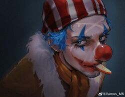1boy bandana blue_eyes blue_hair buggy_the_clown cape clown_nose eyelashes facepaint fur-trimmed_cape fur_trim highres looking_at_viewer male_focus mouth_hold one_piece one_piece_(live_action) orange_cape orange_scarf realistic scarf simple_background solo sparse_stubble vamos_mk