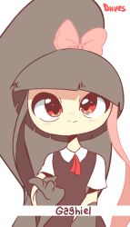 1girl animated animated_gif artist_name bad_id bad_tumblr_id black_gloves blunt_bangs bow brown_hair collared_shirt creatures_(company) diives english_text female_focus gaghiel_(diives) gaghiel_(evangelion) game_freak gen_3_pokemon gloves hair_bow long_hair looking_at_viewer mawile nintendo personification pink_bow pokemon ponytail red_eyes red_neckwear shirt short_hair sign_language simple_background solo upper_body white_background