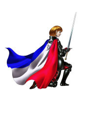 1girl armor atlus blonde_hair blue_eyes cape demon female_focus flag france french_flag jeanne_d&#039;arc knight persona shin_megami_tensei short_hair sword weapon