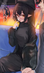1boy 2girls :d absurdres alternate_costume anger_vein angry animal_ears aura ayane_(blue_archive) beret black_hair black_hat black_jacket black_shirt black_skirt blue_archive blush brown_eyes casual cat_ears commentary dark_aura ferris_wheel_interior finger_to_mouth flirting glasses hair_between_eyes halo hand_up hat hetero highres holding_hands index_finger_raised indoors jacket jealous long_hair long_sleeves looking_at_another medium_hair mi_taro333 miniskirt multiple_girls open_clothes open_jacket open_mouth pink_halo plaid_clothes plaid_jacket pleated_skirt pointy_ears red-framed_eyewear red_halo school_uniform sensei_(blue_archive) serika_(blue_archive) shirt skirt smile solo_focus sweat trembling twintails very_long_hair
