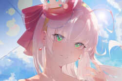 Rule 34 | 1girl, absurdres, aqua eyes, blue sky, bow, carlotta (wuthering waves), commentary, day, earrings, fingernails, hair bow, hand up, highres, jewelry, long hair, looking at viewer, nail polish, parted bangs, parted lips, pink bow, pink nails, portrait, remnant cube (wuthering waves), sky, smile, solo, ulder, white hair, wuthering waves