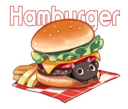burger cat cheese commentary_request food food_focus food_name french_fries lettuce meat no_humans original simple_background suzaku_(zaku6584) tomato white_background