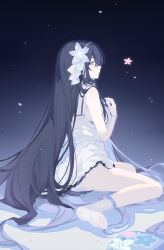 1girl absurdres alternate_costume blue_eyes blue_hair bracelet breasts dress flower hair_flower hair_ornament highres honkai_(series) honkai_impact_3rd jewelry long_hair medium_breasts missing_commentary panties pmg seele_vollerei seele_vollerei_(herrscher_of_rebirth) sitting sky socks soles solo star_(sky) starry_sky underwear very_long_hair wariza white_dress white_panties white_socks