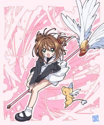 1girl :d antenna_hair black_cardigan black_shirt black_shoes broom broom_riding brown_hair cardcaptor_sakura cardigan full_body fuuin_no_tsue green_eyes hair_bobbles hair_intakes hair_ornament highres kero_(cardcaptor_sakura) kinomoto_sakura long_sleeves looking_at_viewer mary_janes medium_hair neckerchief open_mouth sailor_collar school_uniform shirt shoes skirt smile socks solo take_shinobu tomoeda_elementary_school_uniform tomoeda_middle_school_uniform turtleneck turtleneck_shirt two_side_up white_neckerchief white_sailor_collar white_skirt white_socks