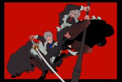 Rule 34 | 2boys, absurdres, alternate costume, apron, arms up, beard stubble, black border, black dress, black shoes, black thighhighs, blue eyes, blue ribbon, border, brothers, commentary, crossdressing, dante (devil may cry), devil may cry (series), devil may cry 5, dress, enmaided, facial hair, frilled apron, frills, full body, grey hair, hair slicked back, hashtag-only commentary, high heels, highres, juliet sleeves, jumping, long sleeves, looking to the side, maid, maid apron, maid headdress, male focus, male maid, mauli0889, multiple boys, neck ribbon, open mouth, puffy sleeves, red background, red ribbon, ribbon, shoes, short hair, siblings, sideways glance, sleeve cuffs, smile, squatting, stubble, teeth, thighhighs, twins, upper teeth only, vergil (devil may cry), white apron