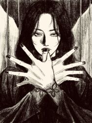 1girl black_hair black_robe finger_to_mouth greyscale hands_up highres long_hair looking_at_viewer monochrome original robe solo straight-on tp_p_pt
