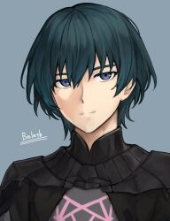 1boy armor black_cape blue_background blue_eyes cape character_name closed_mouth commentary_request fire_emblem fire_emblem:_three_houses green_eyes hair_between_eyes highres male_byleth_(fire_emblem) male_focus nintendo portrait short_hair simple_background smile solo zuzu_(ywpd8853)