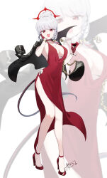1girl alternate_costume black_jacket blue_archive breasts dan_nako dress full_body grey_hair haruna_(blue_archive) hashtag-only_commentary highres jacket jacket_on_shoulders large_breasts leather leather_jacket open_mouth red_dress red_eyes solo