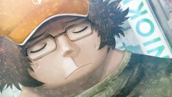 Rule 34 | 1boy, akihabara (tokyo), beret, closed eyes, fat, fat man, frown, game cg, glasses, green shirt, hashida itaru, hat, highres, huke, male focus, nervous sweating, non-web source, official art, outdoors, shirt, short sleeves, solo, steins;gate, steins;gate: linear bounded phenogram, sweat, sweatdrop, t-shirt, yellow hat
