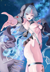 Rule 34 | 1girl, arabian clothes, bare shoulders, bikini, black bikini, blush, breasts, detached sleeves, grey hair, highres, kagura hiromu, kanaut nishe, long hair, looking at viewer, medium breasts, micro bikini, navel, night, original, outstretched arm, purple eyes, sky, smile, solo, star (sky), starry sky, swimsuit, thigh strap, veil