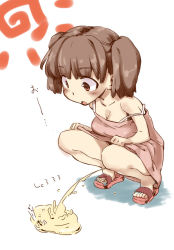 1girl animal ant blush breasts brown_eyes brown_hair bug cleavage clothes_lift collarbone dress dress_lift insect kari_inu long_hair looking_down no_panties open_mouth peeing pink_dress puddle red_sandals sandals sleeveless sleeveless_dress small_breasts squatting strap_slip sun twintails white_background