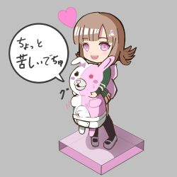 1girl :d bow brown_hair danganronpa_(series) danganronpa_2:_goodbye_despair diaper ear_bow green_jacket grey_background heart heterochromia highres jacket long_sleeves medium_hair monomi_(danganronpa) nanami_chiaki open_mouth pink_eyes pink_shoes shoes simple_background smile speech_bubble tamumayo teeth thighhighs translation_request upper_teeth_only
