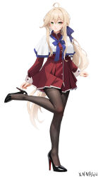 Rule 34 | 1girl, ahoge, black pantyhose, black shoes, blonde hair, blue bow, bow, breasts, capelet, chinese commentary, commentary request, cosplay, dress, earrings, green eyes, hair bow, high heels, highres, jewelry, kanon, kawasumi mai, kawasumi mai (cosplay), large breasts, long hair, long sleeves, looking at viewer, low ponytail, missouri (warship girls r), pantyhose, patent heels, ponytail, pumps, red dress, red soles, school uniform, shoes, short dress, smile, solo, star (symbol), star earrings, very long hair, warship girls r, white capelet, xnnagu