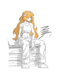 1girl boots gloves green_eyes greyscale ishmael_(project_moon) limbus_company long_hair looking_to_the_side monochrome orange_hair pants project_moon shirt sidelocks sitting solo spot_color tied_shirt very_long_hair yongsa_(ishmaelenjoyer)