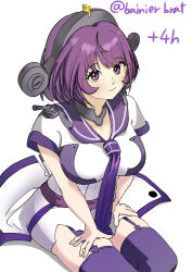 1girl absurdres artist_name bainierbrat breasts collar dress garter_straps headgear highres kantai_collection large_breasts lexington_(kancolle) metal_collar neckerchief one-hour_drawing_challenge purple_eyes purple_hair purple_neckerchief purple_sailor_collar purple_thighhighs sailor_collar simple_background solo thighhighs white_background white_dress