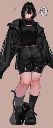1girl ? bandaid bandaid_on_knee bandaid_on_leg belt bike_shorts black_cat black_coat black_hair brown_hair cat cleavage_cutout clothing_cutout coat hair_between_eyes hair_intakes hair_tubes highres kgm medium_hair mole mole_under_mouth original short_hair simple_background spoken_question_mark tears