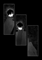 1boy benkdjjituibot black_background black_coat black_hair coat faceless greyscale highres inset_border male_focus monochrome multiple_views no_eyes omniscient_reader&#039;s_viewpoint popped_collar short_hair walking yoo_joonghyuk