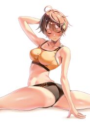 Rule 34 | 1girl, absurdres, ahoge, arm behind head, arm support, arm up, ass, black shorts, blush, breasts, brown hair, closed eyes, closed mouth, collarbone, commentary, crop top, dolphin shorts, flexible, food-themed hair ornament, hair ornament, highres, lemon hair ornament, machulanko, make heroine ga oo sugiru!, medium breasts, midriff, short hair, short shorts, shorts, simple background, solo, split, sports bra, sweat, thighs, tomboy, twisted torso, white background, yakishio lemon, yellow sports bra