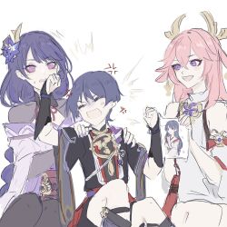 Rule 34 | 1boy, 2girls, anger vein, animal ears, annoyed, armor, arms up, artist name, black bodysuit, black hair, black kimono, black sleeves, black thighhighs, blunt bangs, blunt ends, bodysuit, bridal gauntlets, clenched hands, closed eyes, crossed bangs, detached sleeves, eyelashes, eyeliner, eyeshadow, fan hair ornament, flailing, flower, fox ears, furisode, genshin impact, gold, gold trim, grey bridal gauntlets, grey leggings, grey shrug, grey sleeves, hair flower, hair ornament, hands on another&#039;s shoulders, highres, holding, holding photo, japanese armor, japanese clothes, jewelry, juban, kimono, kote, kurokote, layered sleeves, leggings, long hair, looking at another, low-braided long hair, low-tied long hair, makeup, mandarin collar, mitsudomoe (shape), mole, mole under eye, mother and son, multiple girls, neck ring, nontraditional miko, obi, off shoulder, open mouth, partially shaded face, photo (object), pink hair, purple flower, purple kimono, purple nails, purple rope, purple sleeves, raiden shogun, red eyeliner, red eyeshadow, red kimono, red sash, red skirt, rope, sash, scaramouche (genshin impact), sgm618, shimenawa, shrug (clothing), sitting, sketch, skirt, sweat, sweatdrop, swept bangs, tassel, teeth, thighhighs, tomoe (symbol), tsurime, upper teeth only, white background, white kimono, white rope, white sleeves, wispy bangs, yae miko