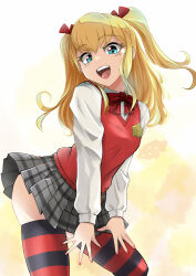 1girl aqua_eyes artist_request blonde_hair blush bow bowtie breasts eyebrows female_focus grey_thighhighs highres hinomiya_niho looking_at_viewer open_mouth plaid_clothes plaid_skirt red_bow red_bowtie red_thighhighs school_girl_strikers skirt small_breasts smile solo striped_clothes striped_thighhighs sweater_vest thighhighs thighs twintails wavy_hair
