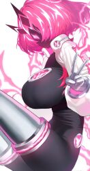 1girl black_bodysuit bob_cut bodysuit boots breasts cowboy_shot cropped_jacket duel_monster electricity enmo_takeshita feet_out_of_frame from_side highres impossible_clothes jacket large_breasts pink_theme red_eyes red_hair red_theme short_hair simple_background sitting skin_tight solo spright_carrot thigh_boots tsurime v white_background white_jacket yu-gi-oh!