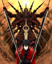 Rule 34 | 1boy, absurdres, armor, bad id, bad pixiv id, black hair, cloak, cloud, gloves, highres, kooten bergh no youhei, lucas (pixiv fantasia), male focus, pixiv fantasia, pixiv fantasia 5, red eyes, solo, sun, sword, weapon