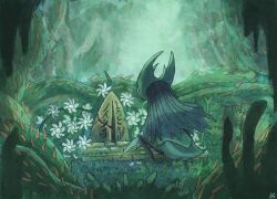1boy flower grass grave hollow_knight layer leaves nature thorns traitor_lord_(hollow_knight)