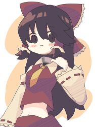 Rule 34 | 1girl, black eyes, black hair, blush, bow, breasts, cho cola star (style), closed mouth, collared shirt, commentary, cookie (touhou), cowboy shot, detached sleeves, disembodied head, dullahan, expressionless, frilled bow, frilled hair tubes, frills, hair between eyes, hair bow, hair tubes, hakurei reimu, highres, long hair, looking at viewer, medium breasts, midriff, navel, necktie, noel (cookie), orange background, parody, red bow, red shirt, red skirt, ribbon-trimmed sleeves, ribbon trim, shirt, sidelocks, skirt, skirt set, sleeveless, sleeveless shirt, solo, style parody, touhou, two-tone background, white background, white sleeves, whiterolo, yellow necktie