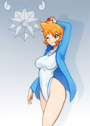1girl breasts competition_swimsuit cowboy_shot eyelashes gen_1_pokemon gen_2_pokemon hair_between_eyes holding holding_poke_ball jacket legs long_sleeves looking_at_viewer medium_breasts misty_(pokemon) nintendo one-piece_swimsuit orange_hair poke_ball pokemon pokemon_(creature) pokemon_hgss scorpdk short_hair solo starmie swimsuit thighs white_one-piece_swimsuit