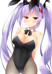 1girl animal_ears arms_behind_back arrow_hair_ornament bare_shoulders blush bow bowtie breasts cleavage covered_navel cowboy_shot detached_collar fake_animal_ears female_focus fishnet_pantyhose fishnets hair_ribbon highleg highleg_leotard kamiya_agari large_breasts leotard long_hair maccha pantyhose playboy_bunny purple_eyes purple_hair rabbit_ears ribbon shakunetsu_no_takkyuu_musume shiny_skin solo sparkle sweat twintails very_long_hair wavy_mouth