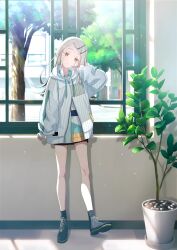 1girl absurdres blonde_hair building earrings gakuen_idolmaster hair_ornament hairclip highres hood hoodie idolmaster jewelry official_art orange_eyes plant potted_plant promotional_art shinosawa_hiro solo sunlight tree window