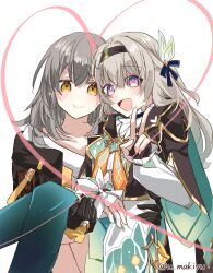 2girls aqua_dress aqua_thighhighs black_gloves black_hairband black_jacket blue_pupils blue_ribbon blush bridal_gauntlets carrying collared_dress cropped_jacket dress firefly_(honkai:_star_rail) frilled_sleeves frills gloves gradient_eyes grey_hair hair_between_eyes hair_intakes hair_ornament hair_ribbon hairband heart highres honkai:_star_rail honkai_(series) jacket long_sleeves multicolored_eyes multiple_girls neckerchief open_clothes open_jacket open_mouth orange_neckerchief princess_carry ribbon simple_background single_bridal_gauntlet smile stelle_(honkai:_star_rail) thighhighs trailblazer_(honkai:_star_rail) tsuyuki_yuki twitter_username white_background white_sleeves yellow_eyes yuri