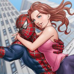 1boy 1girl abs arm_around_shoulder artist_name azusa_tanaka bare_arms bare_shoulders blue_bodysuit blue_eyes blue_sky blurry blurry_background blush bodysuit breasts building carrying carrying_person city cityscape commentary couple covered_abs day dutch_angle fingernails large_breasts large_pectorals lips long_hair looking_ahead marvel mary_jane_watson mask midair multicolored_bodysuit muscular muscular_male new_york_city outdoors outstretched_arm parted_lips pectorals pink_tank_top purple_skirt red_bodysuit red_hair signature skin_tight skirt sky skyscraper smile spider-man spider-man_(series) spider-man_1_(2002) spider_web_print superhero_costume tank_top two-tone_bodysuit upper_body