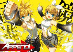 1boy 1girl :d bass_clef blonde_hair blue_eyes blush brother_and_sister choker clenched_hand detached_sleeves foreshortening grin hair_ornament hair_ribbon hairclip headset kagamine_len kagamine_len_(append) kagamine_rin kagamine_rin_(append) navel open_mouth outstretched_arms raised_fist ress ribbon short_hair shorts siblings smile spiked_hair spread_arms treble_clef twins vocaloid vocaloid_append