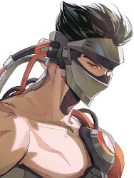 Rule 34 | 1boy, bare pectorals, black hair, blackwatch genji, collarbone, commentary, covered mouth, cyborg, genji (overwatch), hashtag-only commentary, highres, looking to the side, male focus, mask, multiple scars, official alternate costume, overwatch, pectorals, red eyes, road 233, scar, scar on arm, scar on shoulder, short hair, simple background, solo, upper body, white background