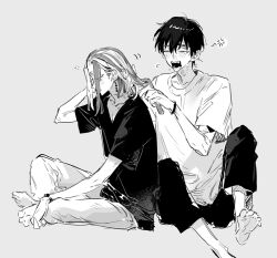 2boys barefoot closed_eyes full_body greyscale hair_between_eyes highres holding imaushi_wakasa long_hair male_focus monochrome multicolored_hair multiple_boys open_mouth pants qyzhiaiyisheng sano_shinichirou shirt short_hair simple_background sitting t-shirt tokyo_revengers yawning